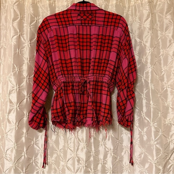 Free People Pink Red Combo Plaid Ruched Sleeve Pacific Dawn Blouse - Picture 6 of 14